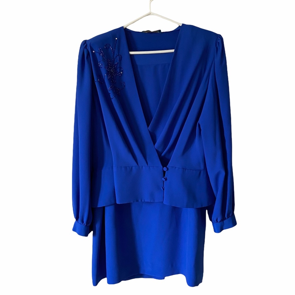 Vintage Womens Classic 2 Piece Blouse and Skirt Set, Size 20, Sequins, Blue